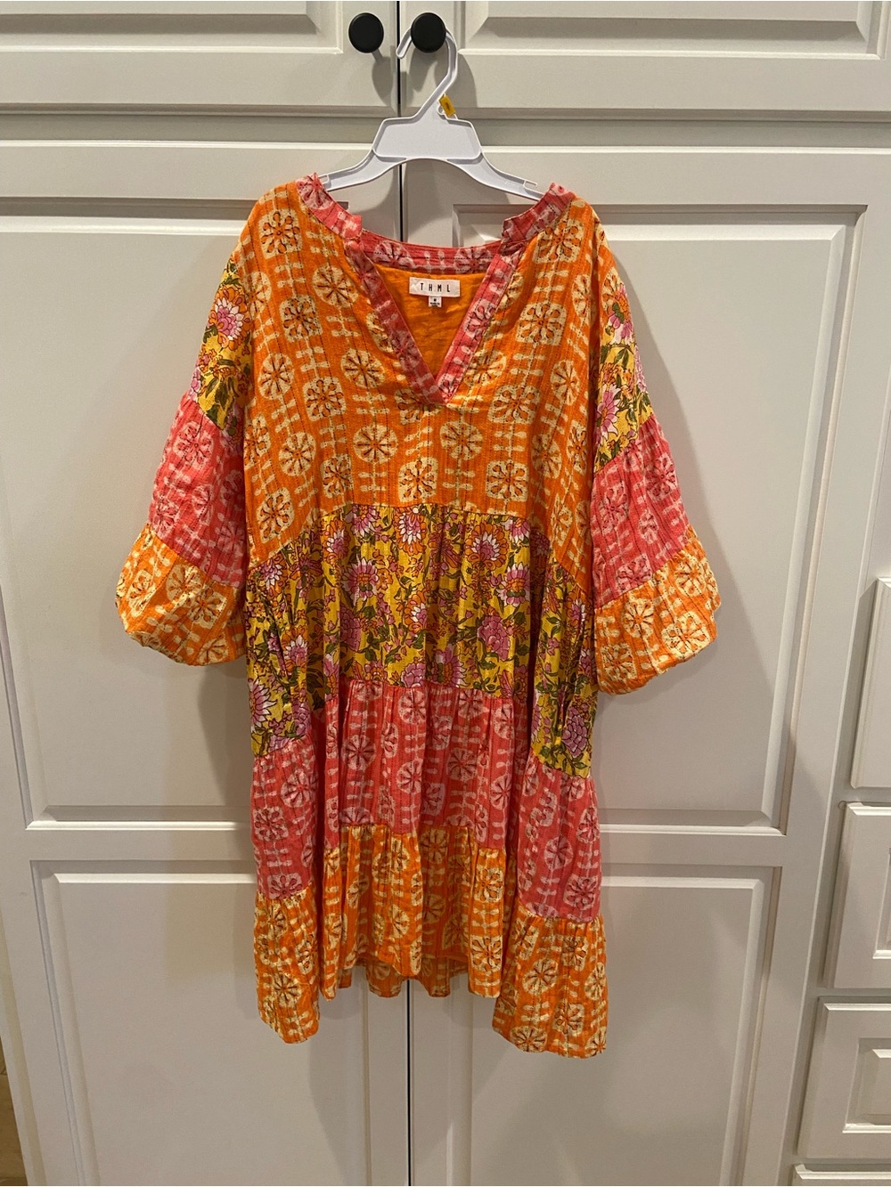 THML Orange and Pink Floral Patchwork Casual Dress